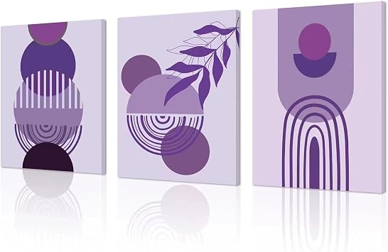 Framed Canvas Boho Wall Art Set of 3 Mid Century Modern 12"X16",Minimalist Wall Art Purple Neutral Abstract Geometric Prints Room Posters for Hang Bedroom Living Room