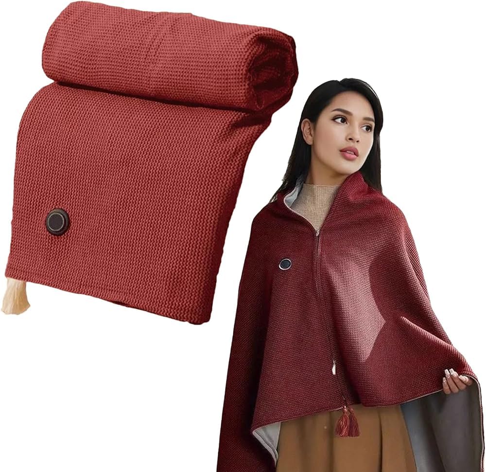 SENJINGHUA Heated Blanket Shawl Wearable, USB Heated,Portable Heated Shawl(Size:No Power Bank,Color:Red)