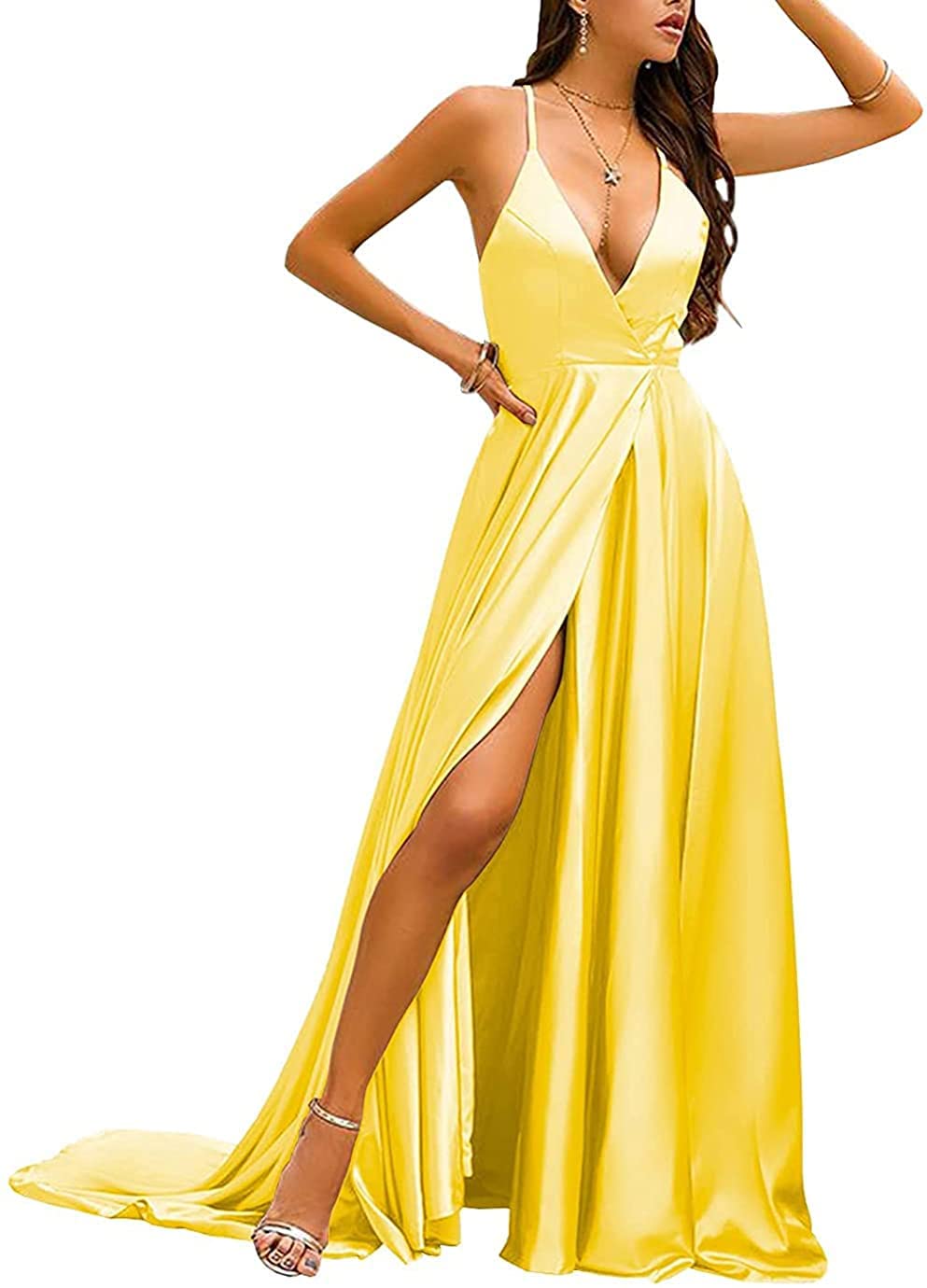 Lilyla V-Neck Satin Prom Dresses Long for Women Spaghetti Straps A-line Split Formal Bridesmaid Evening Dresses Yellow 12