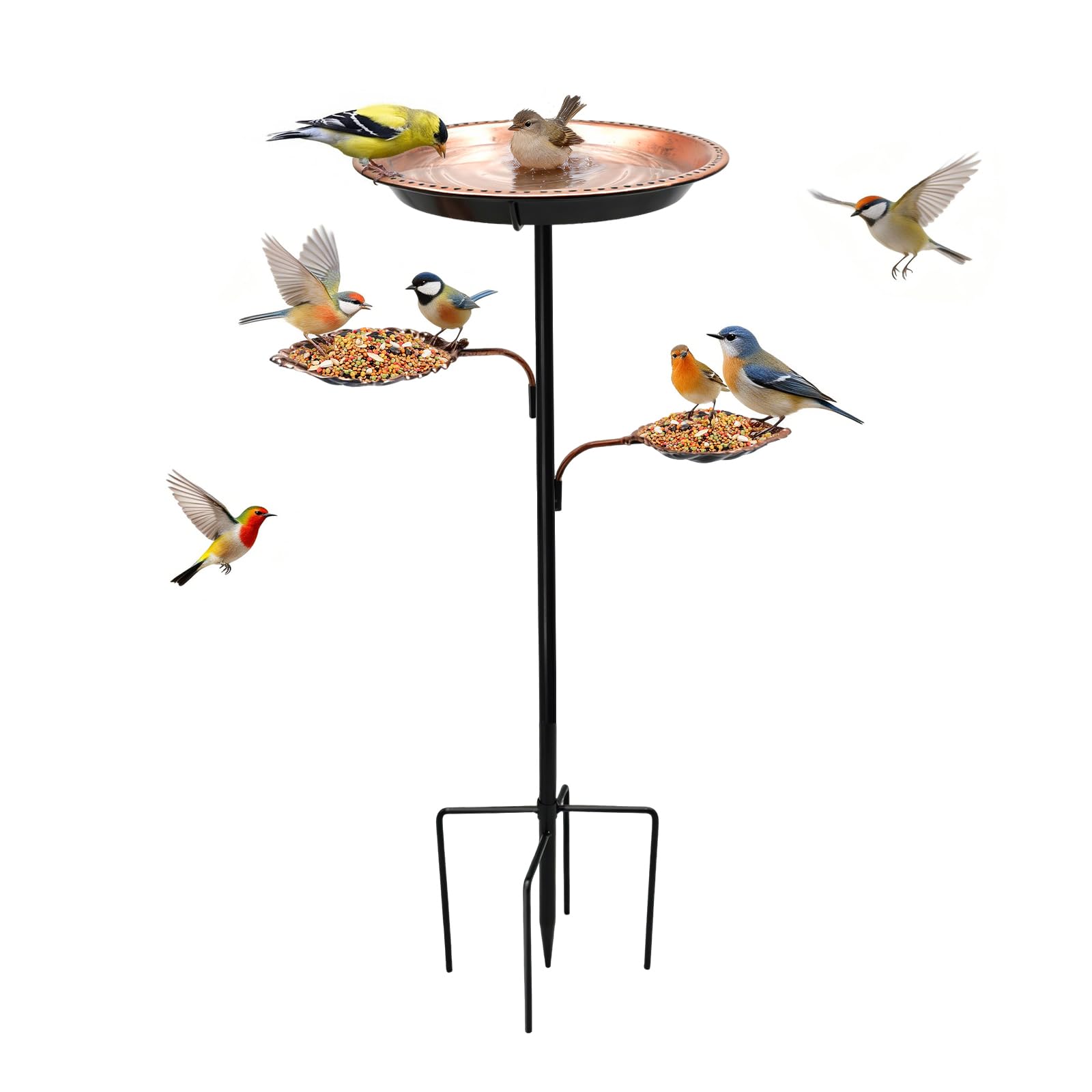 Cyiecw 93cm Vogeltränke Stehend, Vogelbad Gartendeko für Draußen, 2 in 1 Metall Wasserschale Garten & Futterstation für Vögel, Vogeltränke Winterfest mit Stabiler 5-Zinken-Basis(Antike Bronze)