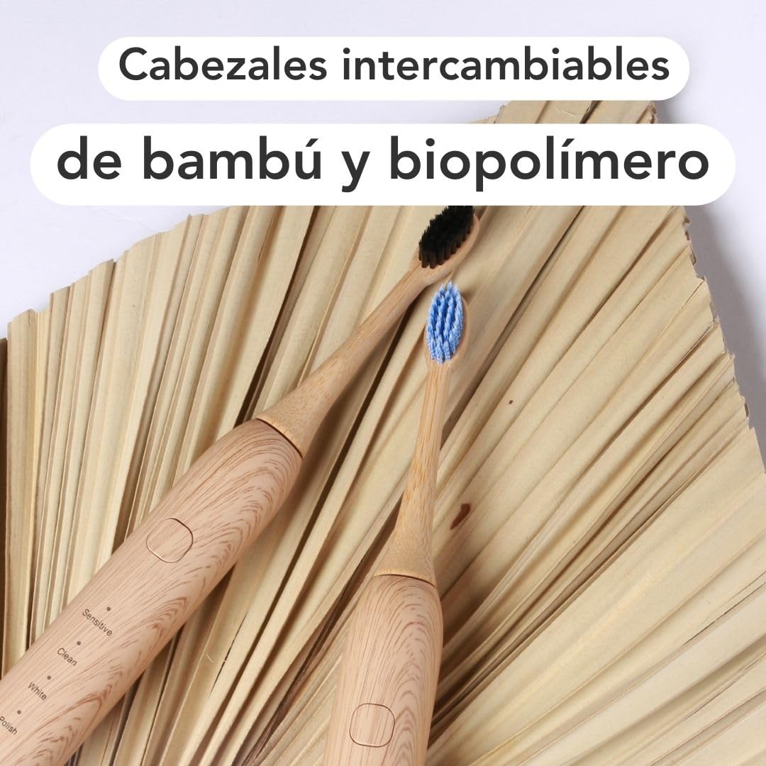 Cepillo de dientes sónico LULA: eficaz eliminación de placa y limpieza suave. Incluye 2 cabezales de cambio de bambú sostenibles, carga rápida con USB-C para hasta 8 semanas de duración de la batería.