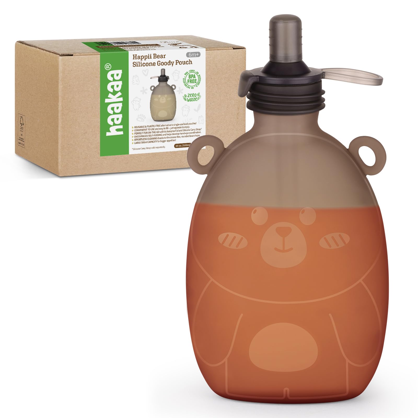 Haakaa Happii Bear Silicone Goody Pouch,Reusable Baby Pouches for Homemade Organic Purees, Juices, Smoothies, and Yogurt - Perfect for Toddlers and Kids - 1 Pack, 18oz