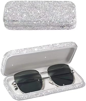 Unisex Bling Diamond-Encrusted Hard Portable Protective Shell Eyeglasses Cases for Women Men with Cleaning Cloth (Silver)