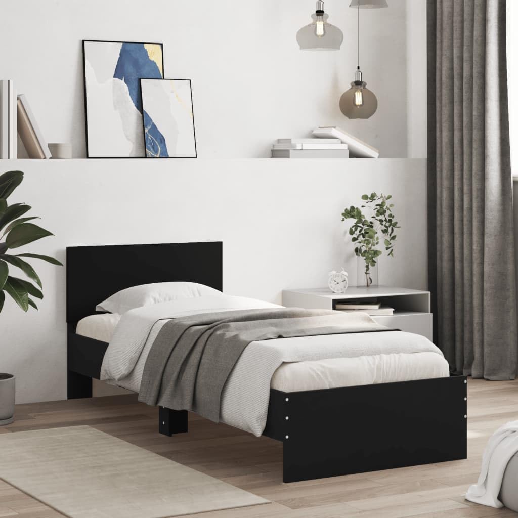 lite drewno z wezgłowiem na książki 90x200 cm czarny | Rama łóżka z wezgłowiem 90x200 czarna z listwami, solidna stelaż do sypialni, lite drewno i płyta meblowa