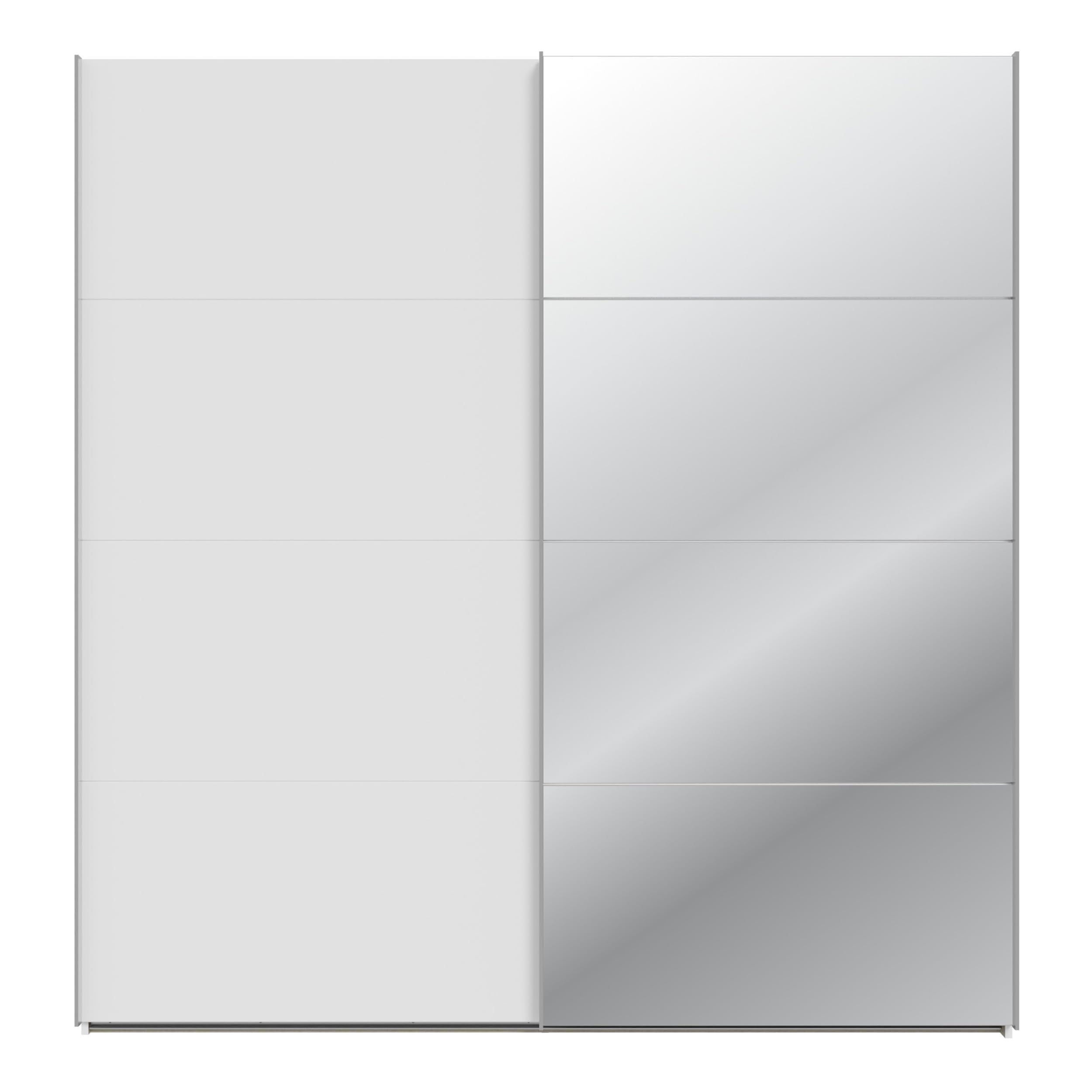 Forte SOPHISTISPACE Kleiderschrank 200, moderner Schwebetürenschrank, 2-türig, Einlegeböden, Kleiderstangen, Spiegel, Holzwerkstoff, Weiß, 200,1 cm breit x 210,5 cm hoch x 62,9 cm tief