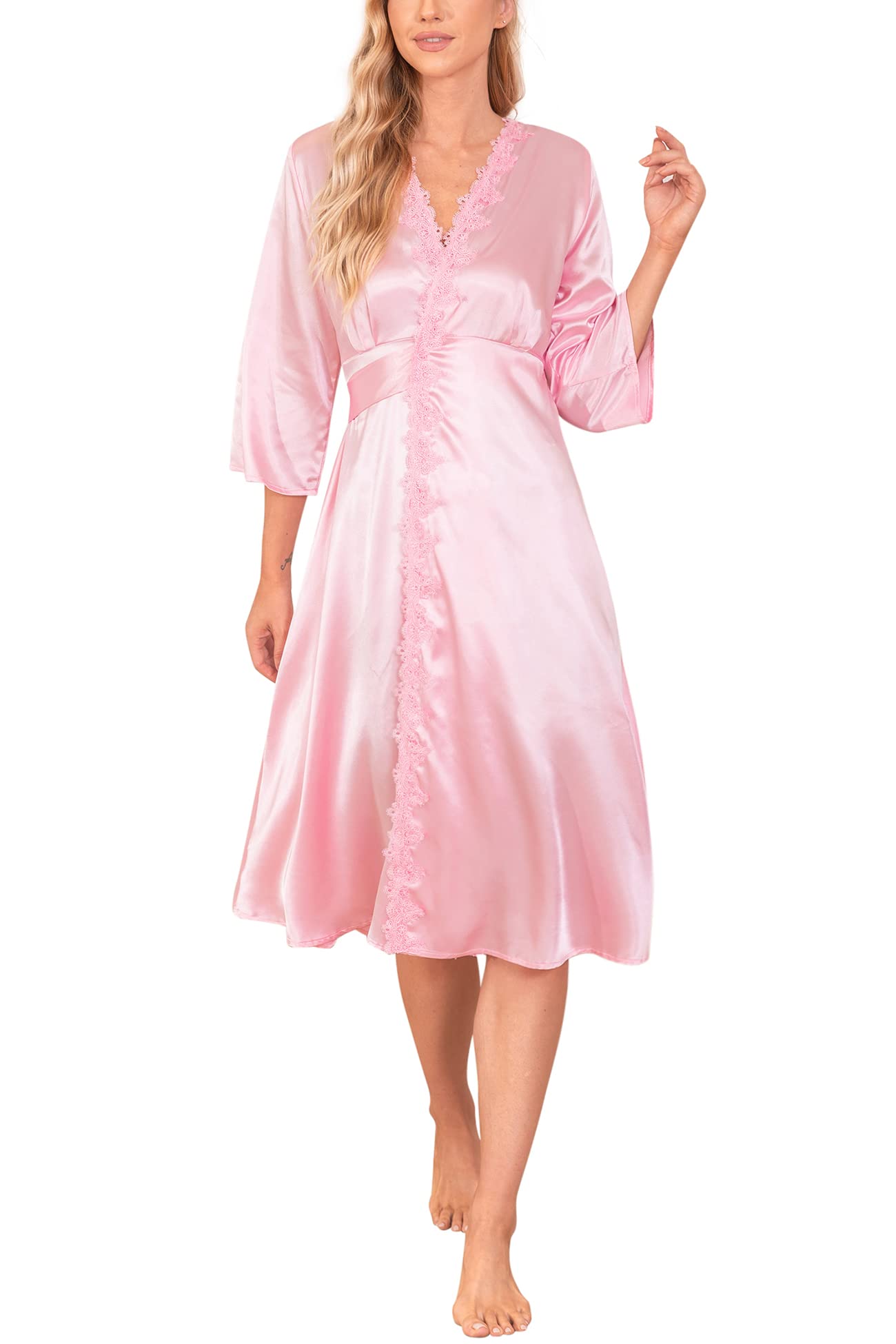Aranmei Bata Mujer Kimono Satén Albornoz Bata Larga Boda Novia/Dama de Honor Camisón Encaje Primavera/Otoño Mañana Vestido
