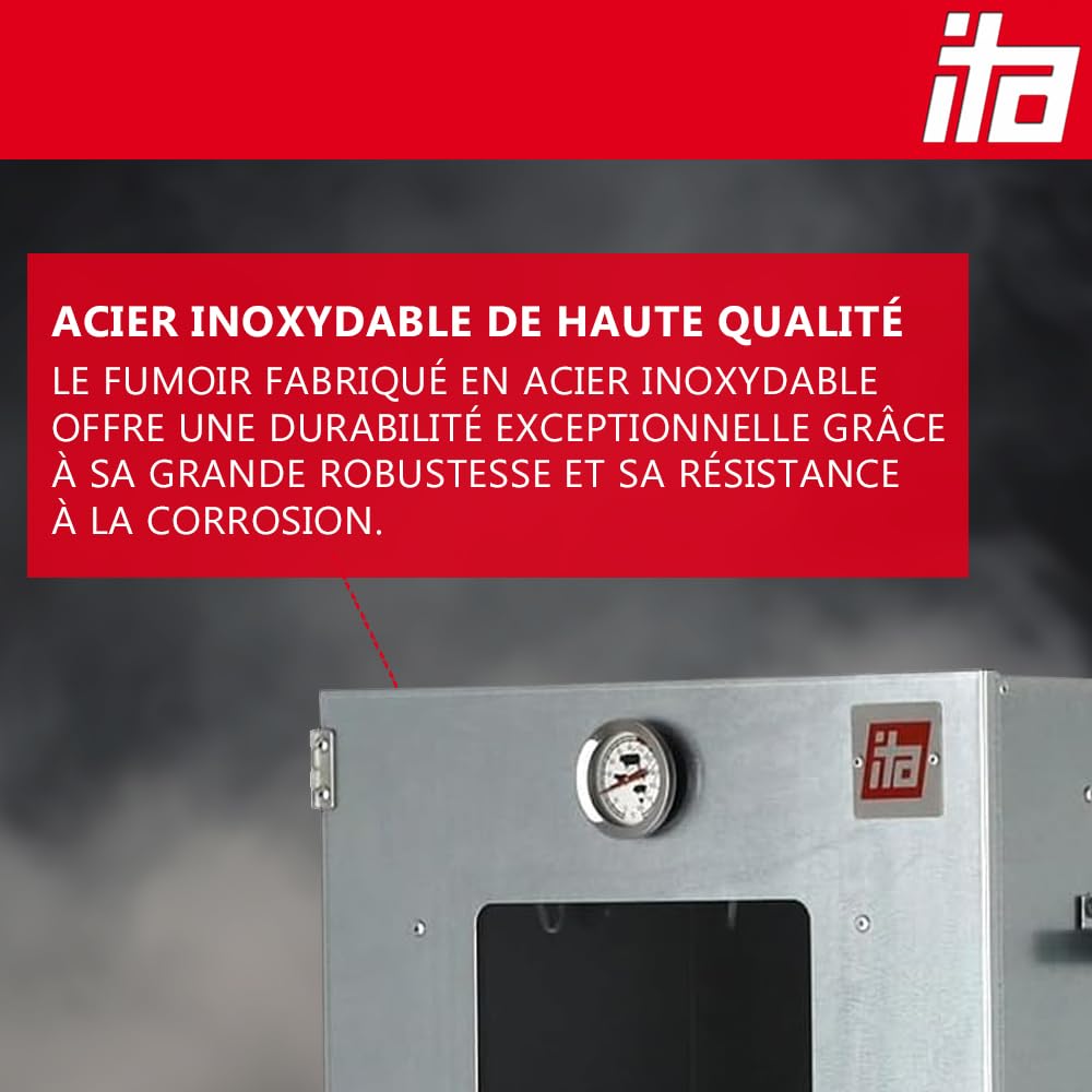 ITA Fumoir 7002 - Smoker Premium - Armoire à fumage avec fenêtre & thermomètre - Acier inoxydable - Qualité UE, Direct fabricant - 81 cm avec 3 niveaux