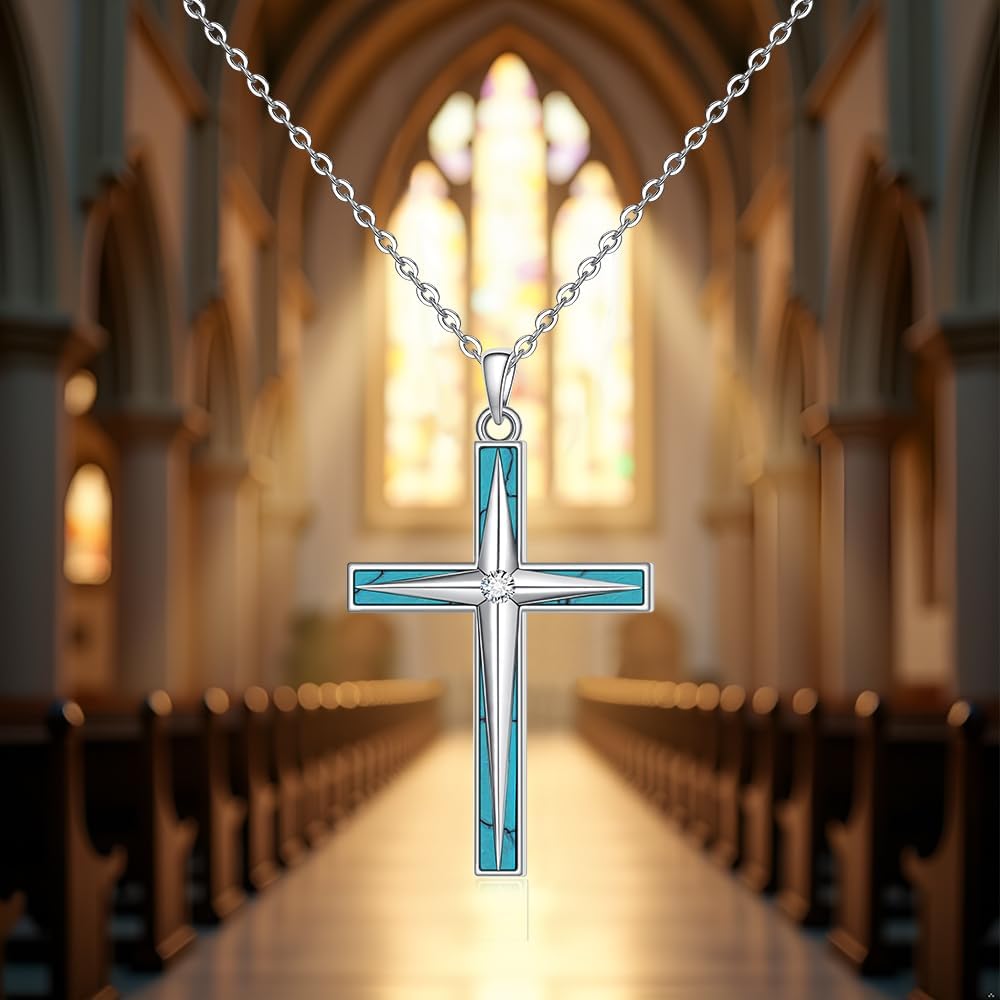 Cross Necklace Sterling Silver Cross Necklaces for Women Religious Turquoise Jewelry Gifts Elegant Jewelry for Lovers - Image 6