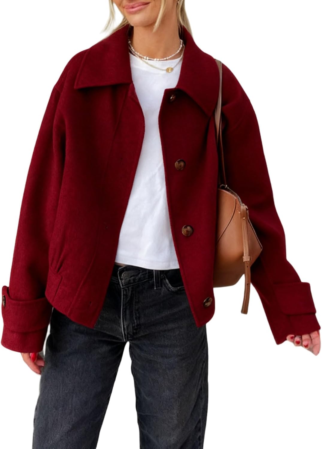 CHARTOU Women's Wool Blend Short Jacket Oversized Lapel Bottons Cropped Pea Coat Winter Outwear