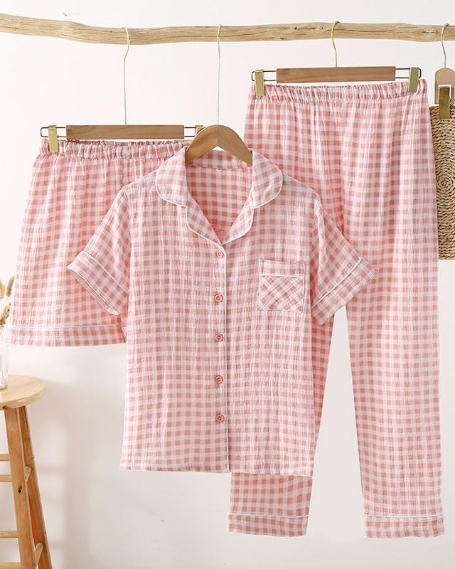 Womens Cotton Pajama Sets Plaid Short Sleeve Button Down Sleepwear Ankle Pants 3 Piece Gingham Pj Set2