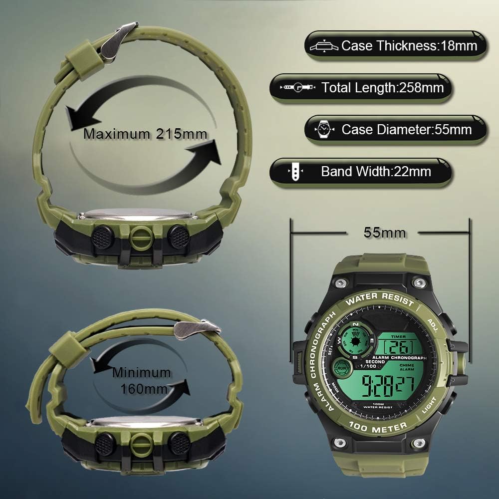 Digital Swimming Diving Watch 10 ATM Waterproof Rugged Watch for Men Boys with Stopwatch, Chronograph, Alarm, Dual Time Zone, 12/24 Hours Format