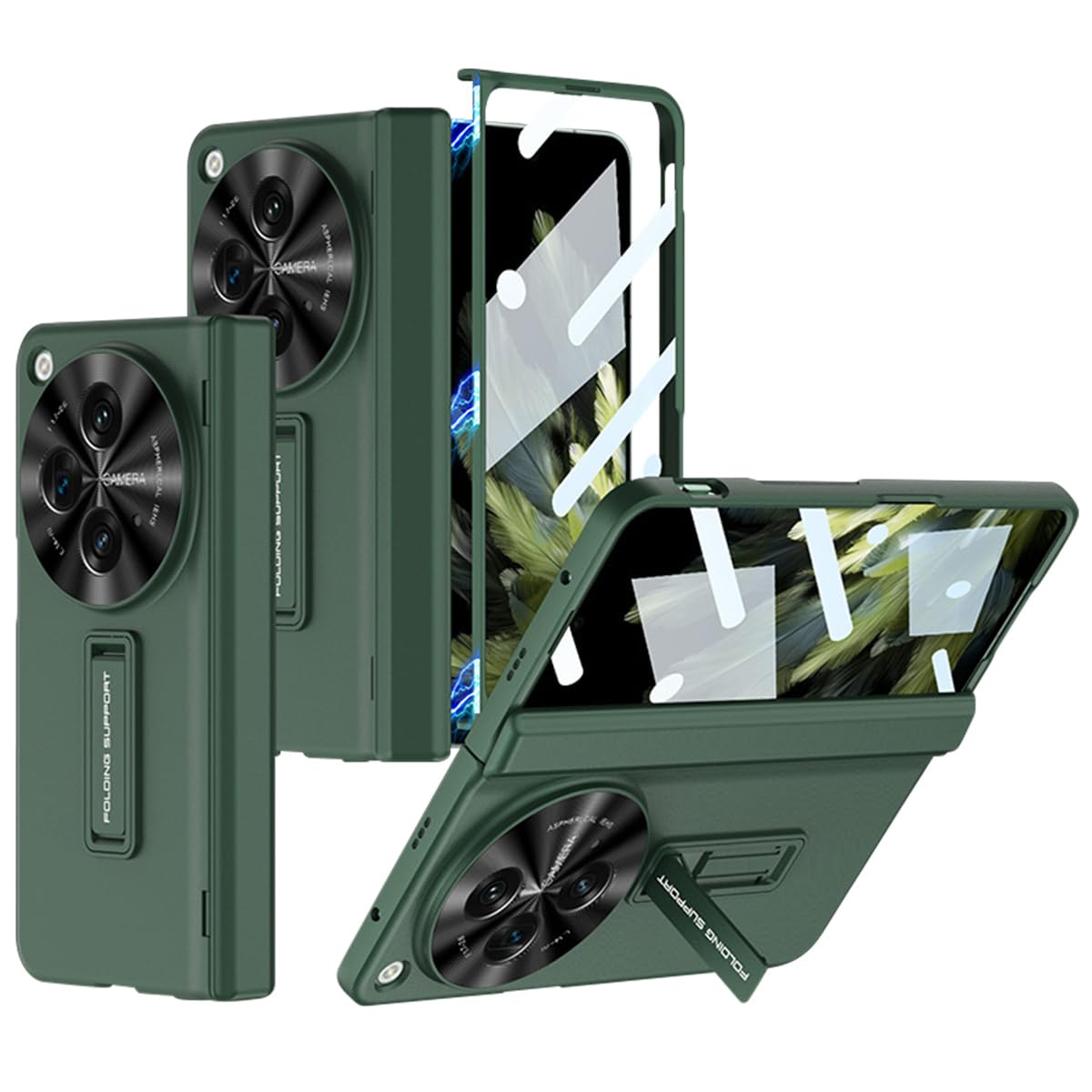 Miimall for Oneplus Open Case with Screen Protector, Built-in Adjustable Kickstand & Magnetic Hinge Protection All-Inclusive Protective Case for Oneplus Open 2023 (Green)