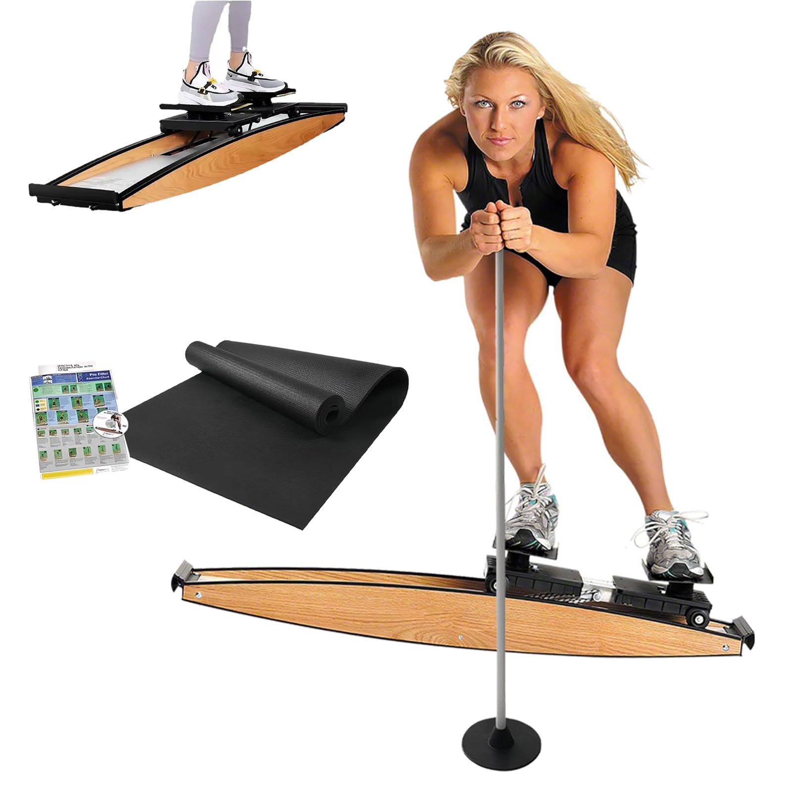 Indoor-skimachine – Skitrainingsapparaat voor thuis met weerstandsbanden | Gesimuleerd skiapparaat voor training van het hele lichaam | Antislipbasis & calorieëndisplay | Zonder montage (Zwart/Oranje
