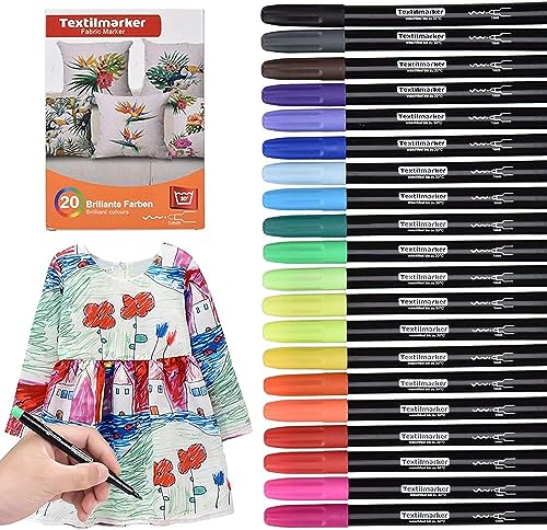 Linkgood 20 Waschmaschinenfeste Textilstifte, Wasserfest Stoffmalstifte Textilmarker Permanent Marker, Stoffmalfarben für T-Shirts Taschen Schuhe Lätzchen Stoffbeutel Jutebeutel