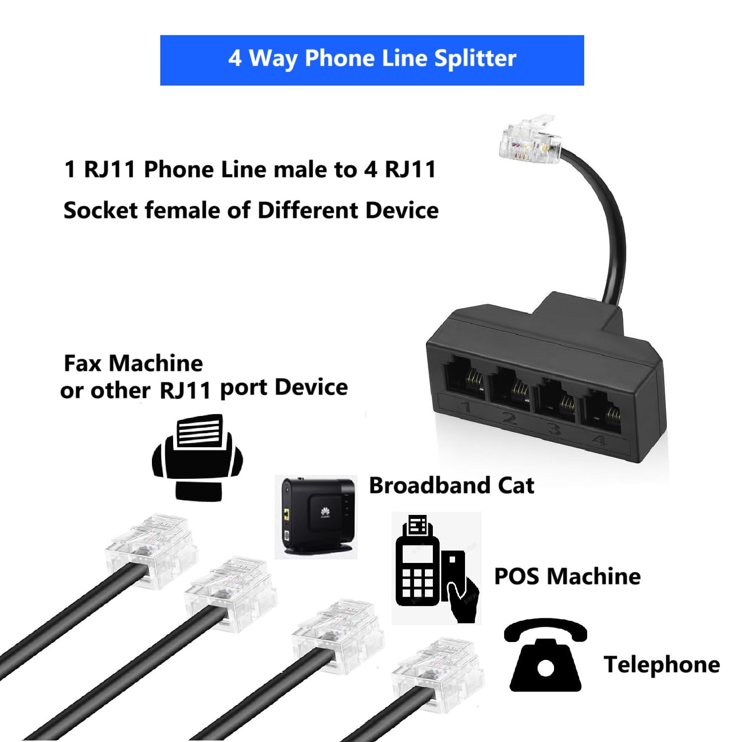 Cable RJ11 divisor de teléfono de 4 vías, paquete de 3, negro, divisor 6P4C, adaptador de cable de línea telefónica con cable para cable de teléfono fijo, adecuado para teléfono, máquina de