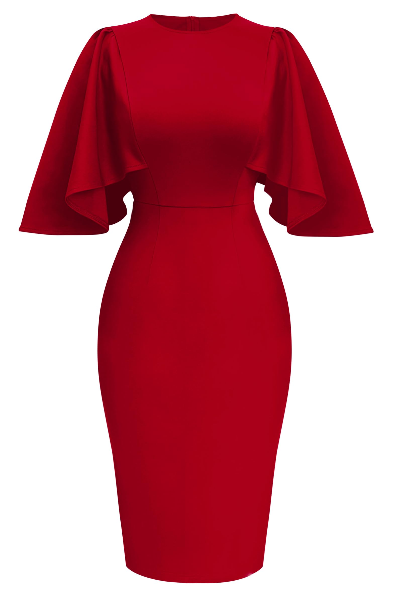 Memoriesea Womens Ruffle Flared Sleeve Bodycon Pencil Formal Cocktail Midi Dress
