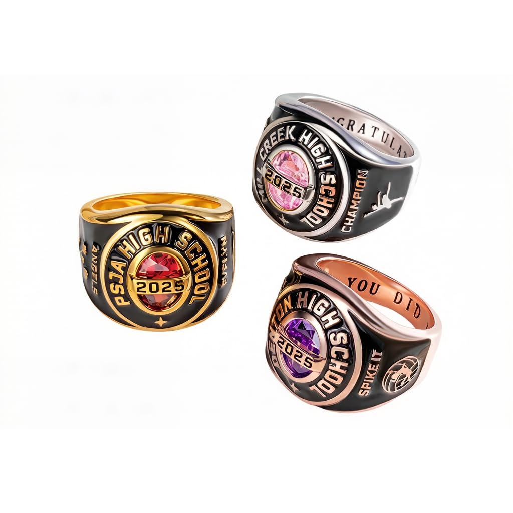 Personalisierter Klassenring mit individuellem Logo-Symbol für Damen und Herren, mit individuellem Text, Geburtsstein und Siegel – Universitäts-Abschlussring, High School, College, Meisterschaftsring