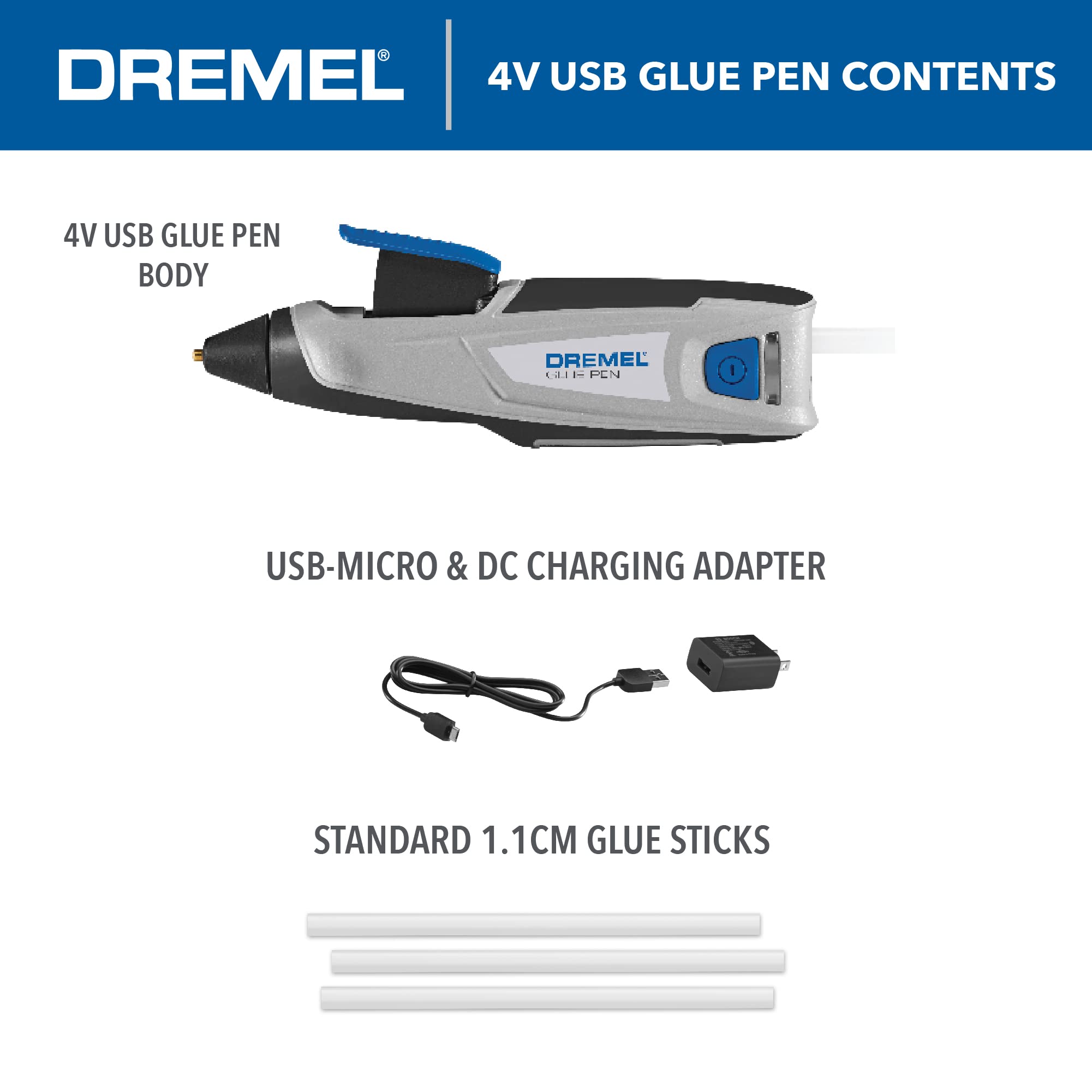 Dremel HSGP01 Pistolet à colle chaude sans fil rechargeable USB 4 V avec pointe de préchauffage rapide et précise, comprend un stylo de colle, 4 bâtons de colle, un câble USB et un adaptateur