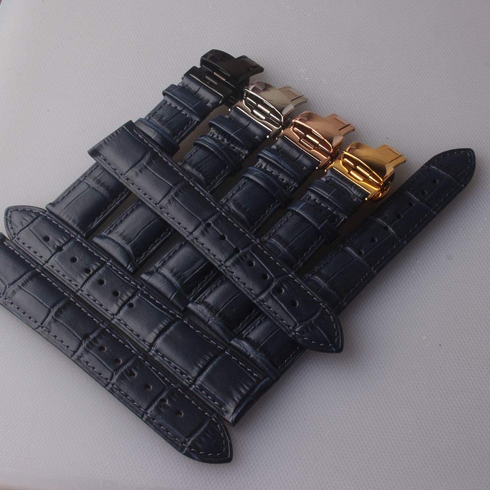 New Genuine Leather Dracelet Dark Blue Watch Straps with Butterfly Clasp 12/13/14/15/16/17/18/19/20/21/22/23/24mm Watch Band Replacement (24mm, Blue with Black Buckle)
