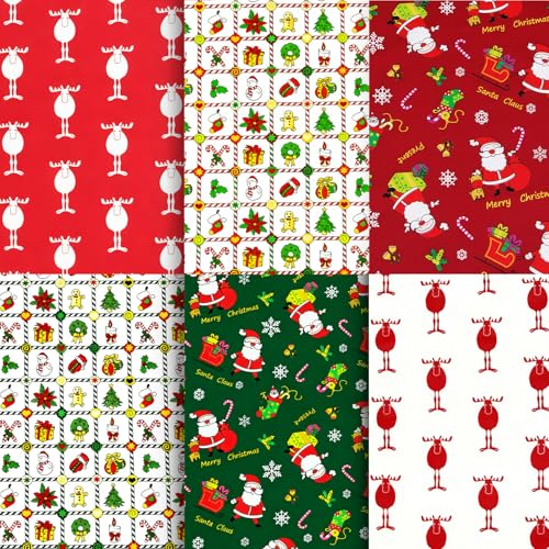 Aucuu 6 Piezas 50x50cm Diseño de Retales Algodón Telas, Tela Algodon, Telas Patchwork, Diseños Tela de Algodón Impresos, para DIY Manualidades Decoración de Costura Artesanal-Navidad