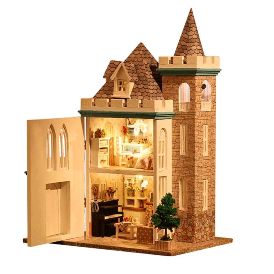 Amazon.co.jp: 家具付きドールハウス城ミニチュア、DIY木製