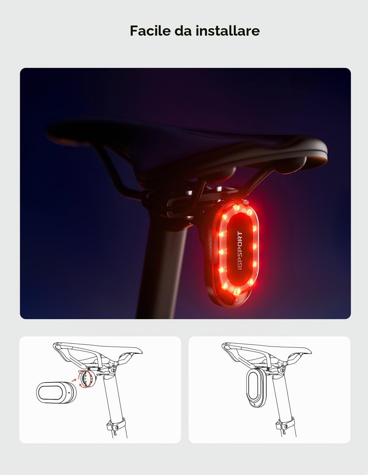 iGPSPORT SRmini Luce Posteriore Radar per Bicicletta, 20 Ore di Autonomia, Visione 1,2 km, Rilevamento Frenata, On/Off Automatico, 65 Lumen, Ant+, Bluetooth 5.0, IPX7