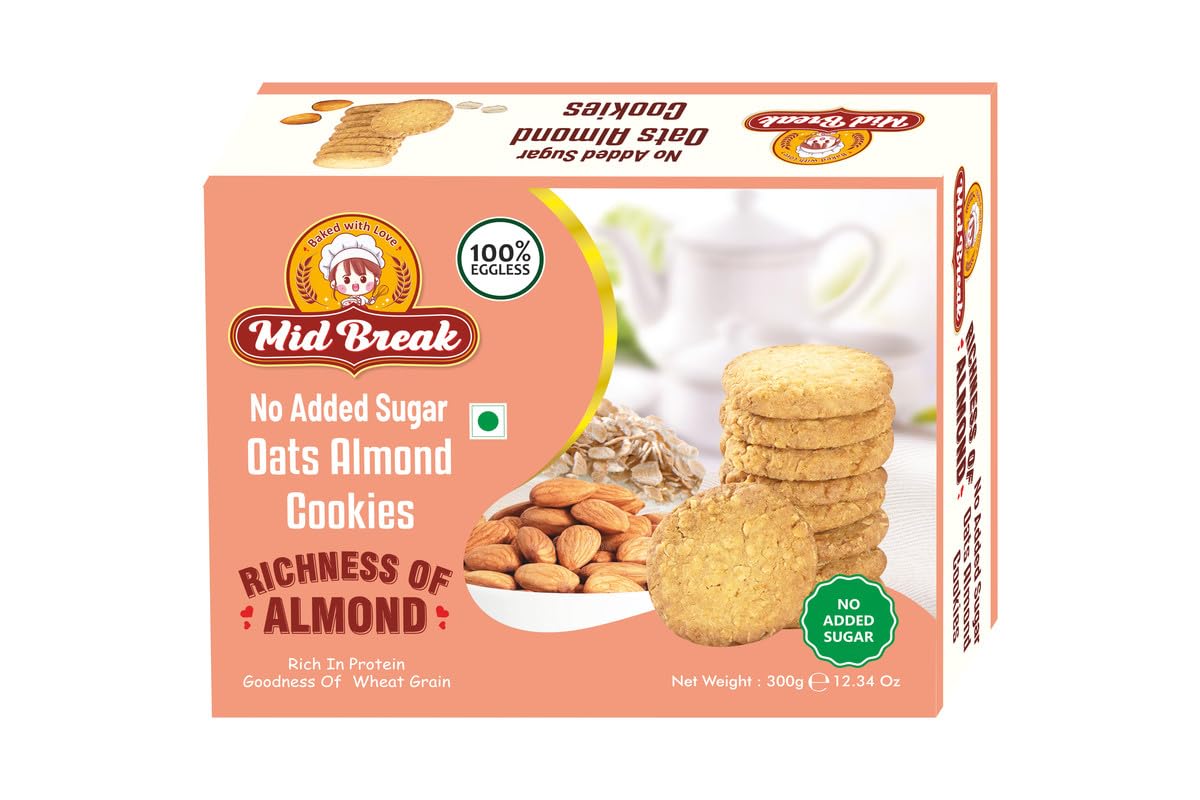 Midbreak No Added Sugar Oats & Almond Cookies - 300gm (Pack Of 1) | Healthy Digestive Diabetic-Friendly Biscuits | Handmade & Delicious Tea Time Snack Biscuit