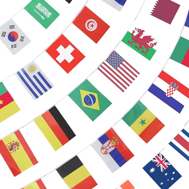 Anley 2022 World Cup String Flag, Group Match 32 Teams Countries Soccer International Bunting Pennant Banner, Decoration for Grand Opening, Sports Bar, Party Events - 33 Feet 32 Flags