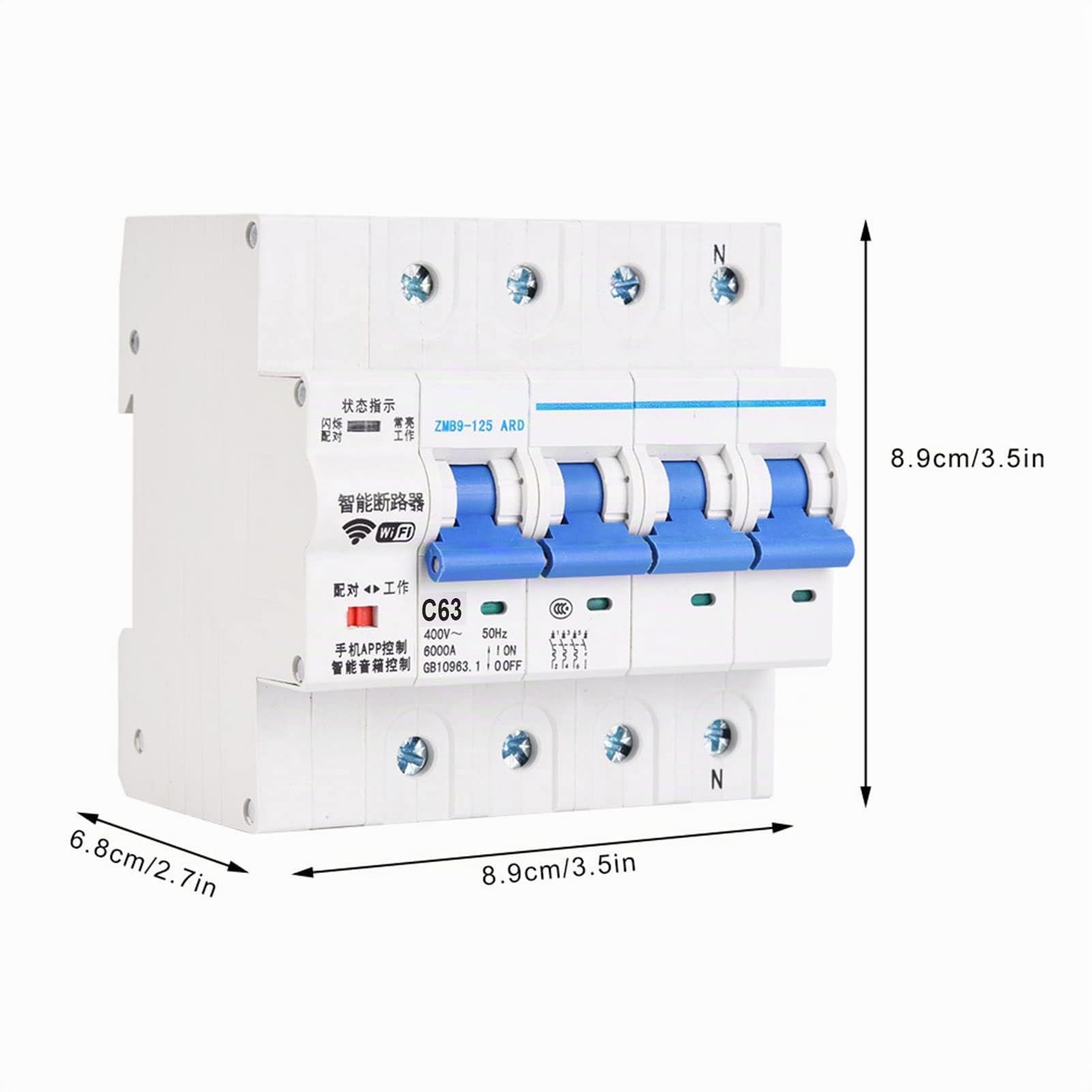 Intelligenter Leistungsschalter, WiFi 4P Drahtloser Fernsteuerungsschalter, 25A 40A 63A 80A 100A Leitungsschutzschalter, ZMB9-125 400V Sicherungsautomat(63A)