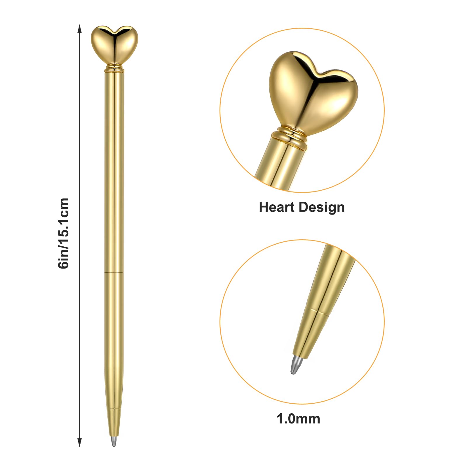 YUXIANLB 4 Pieces Heart Shaped Ballpoint Pen, Retractable Metal Decorative Pens, 1.0 mm Black Ink Ballpoint Pens Bulk, Cute Pens Gifts for Women School Office Wedding Bridal Shower Baby Shower (Gold) - Image 2
