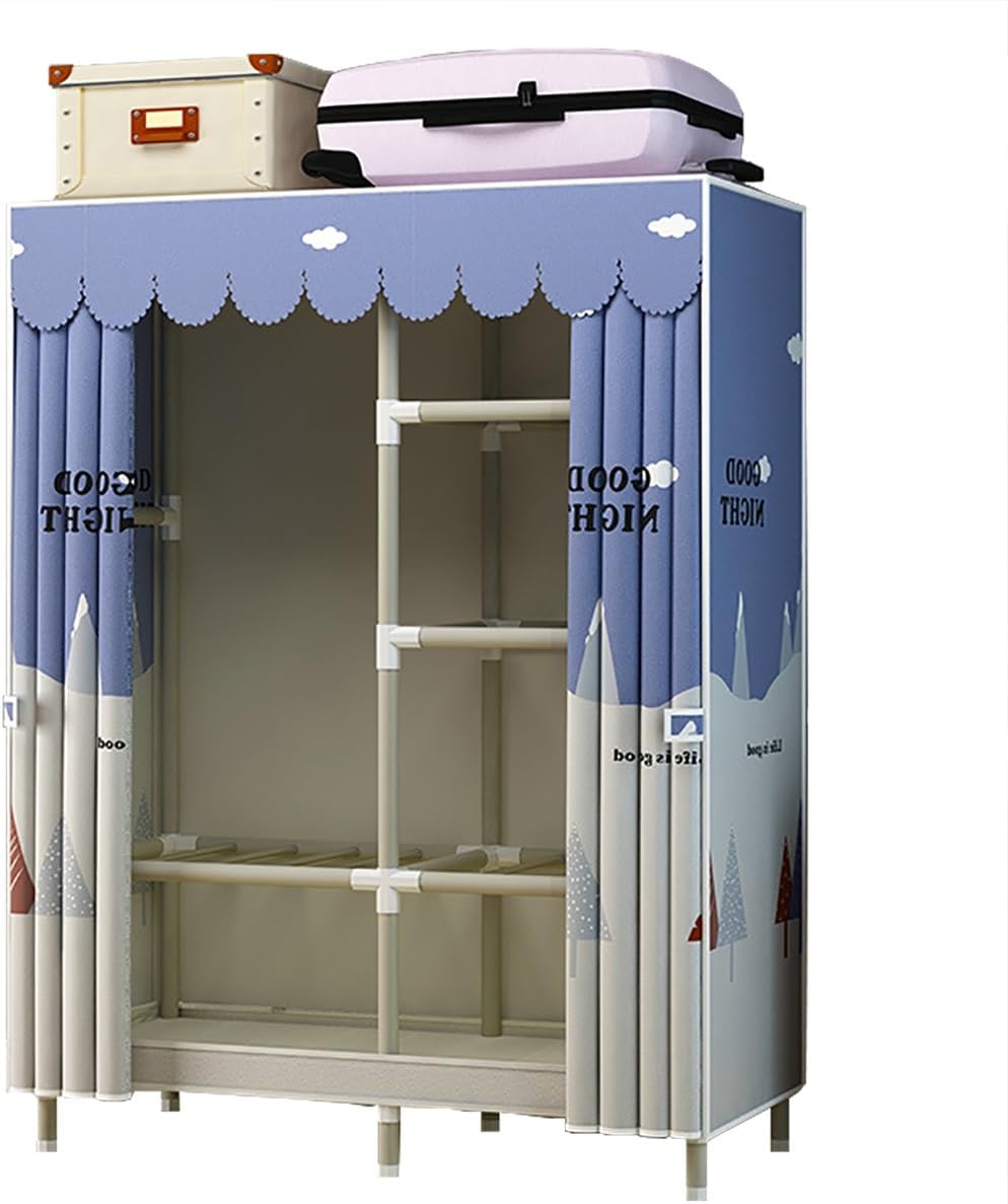 Closet for Bedroom Metal Wardrobe Closet with Hanging Rod and 5 Storage Shelves Portable Closets for Hanging Clothes Easy to Assemble (Color : Blue-2, Size : 103x45x170cm)
