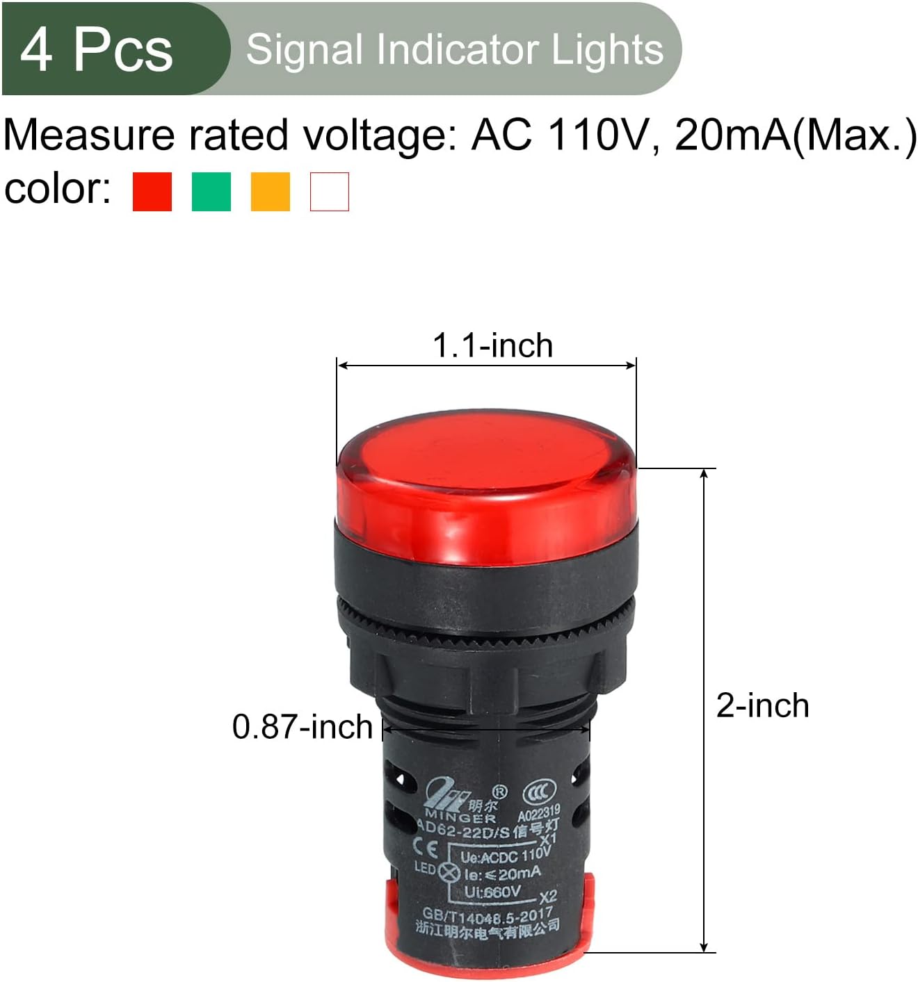 YOKIVE 4Pcs Signal Indicator Light, Panel Mount LED Power Indicator Light Lamp, Energy Saving, Great for Electric Power, Motor (Four Color, AC110V 22mm)