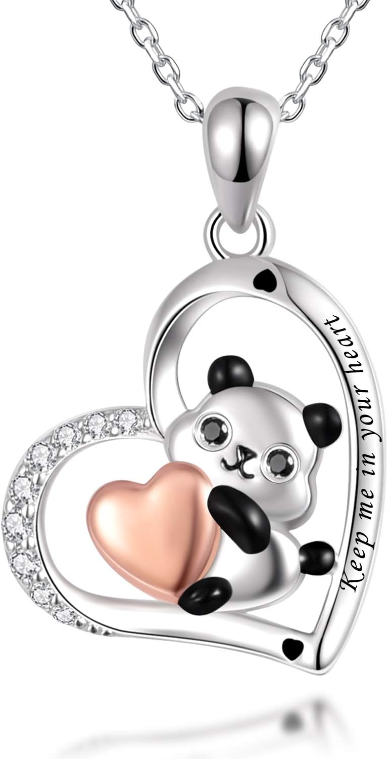 925 Sterling Silver Lovely Panda Bear Holding love Heart Pendant Necklace for Women Animal Jewelry Gift for Teen Birthday Mother's Day Gift