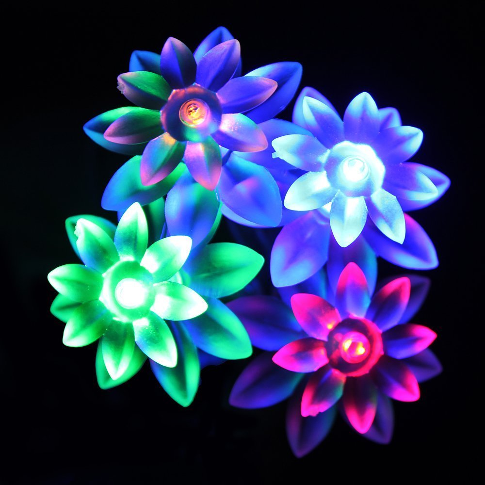 LightsGo 30LED 7m Solar Powered Fairy Lights with Lotus Accessory (Multi-Coloured RGB) Garden Fairy Lights, Christmas, Festive, Summer, Holiday Lights. Perfect Outdoor Decorative Lighting