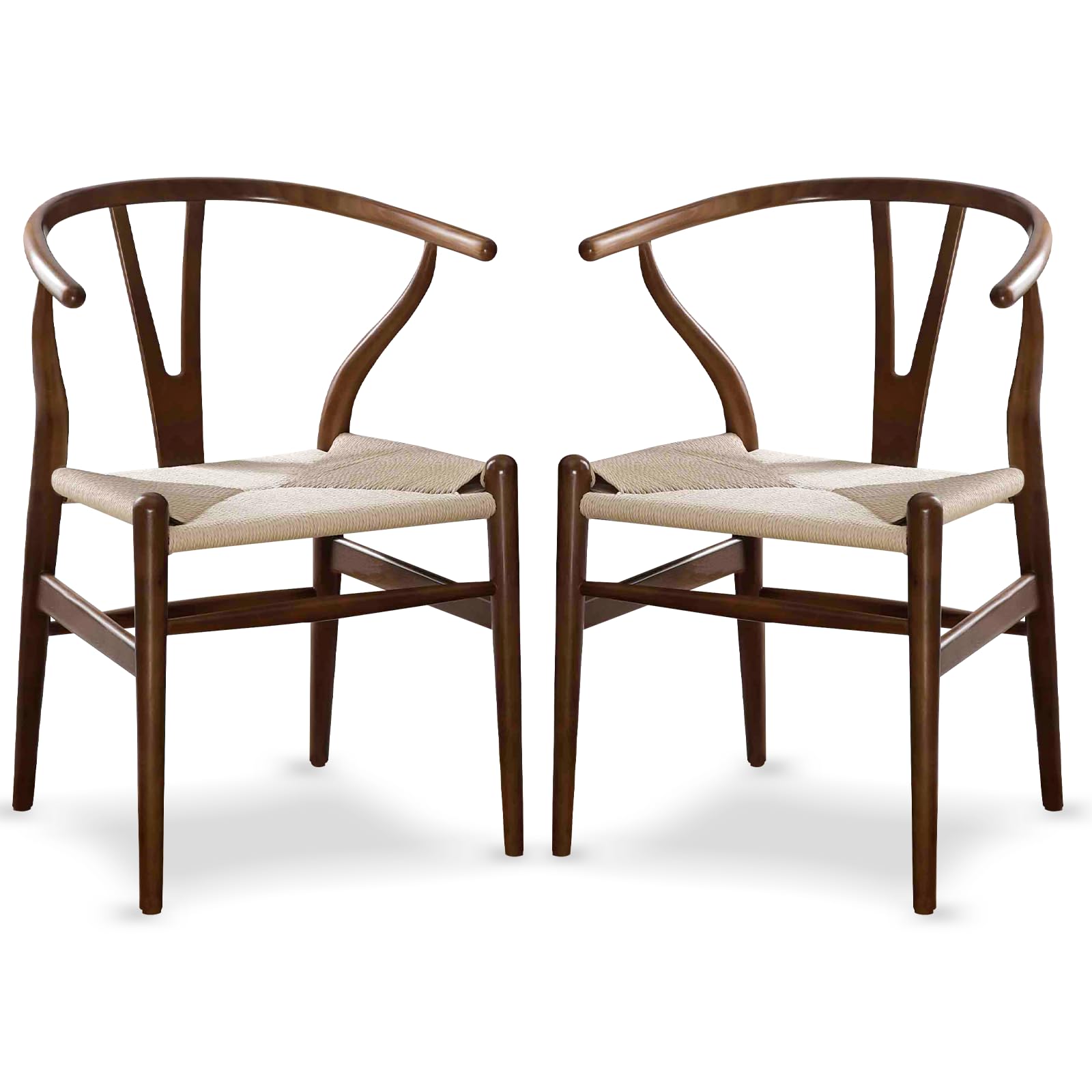Tomile CH24 Wishbone Dining Chairs Set of 2, Solid Wood Hans Wegner Mid-Century Modern Chair in Walnut Finish, Handwoven Hemp Seat Y-Chair for Dining Room, Kitchen, or Home Office (Ash Wood - Walnut)