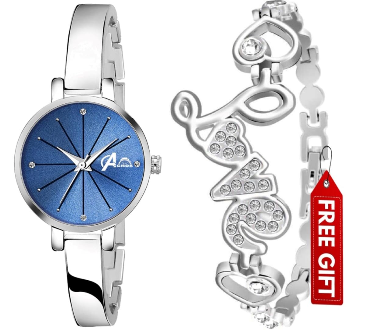 Acnos Stainless Steel Premium Brand - Analogue Women Watch Blue Dial Silver Colored Strap With Love Silver Bracelete For Girls Or Women Pack Of 2 Girl, Silver Band (B09WRV2ZF5) Amazon Price History, Amazon Price Tracker