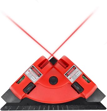 Square Laser Right Angle 90 Degree Level - 30ft Green Beam Line Projection for Flooring & Tile Installation, Magnetic Aluminum Base with Two Suction Cups Built-In Bubble Vials Red