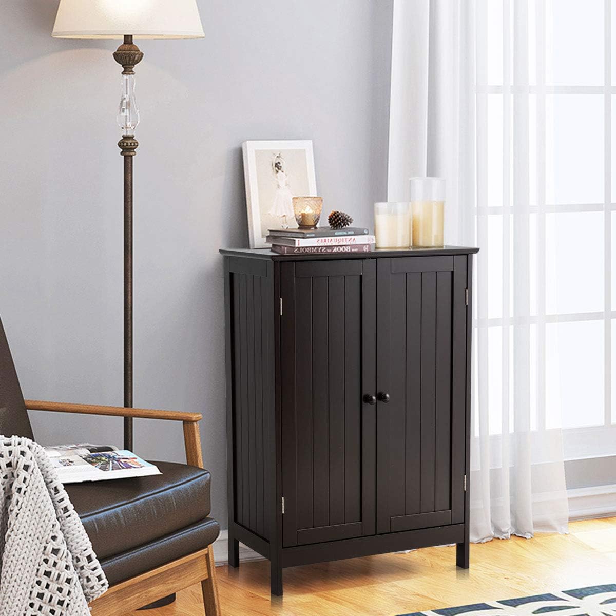 Tangkula Freestanding Storage Cabinet with Double Doors and Shelf, Modern Home Furniture, Wooden Home Organizer for Living Room, Bathroom Storage, Brown