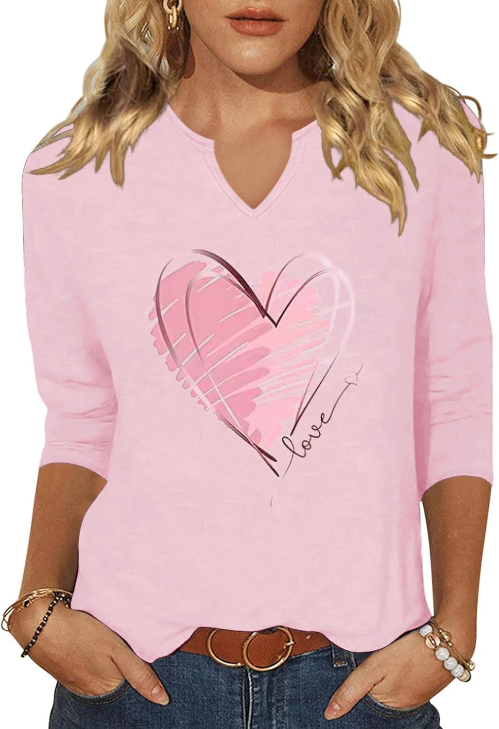 Vircreate Womens 3/4 Sleeve V Neck T-Shirts Valentina's Day Spring Shirts Love Heart Graphic Tee
