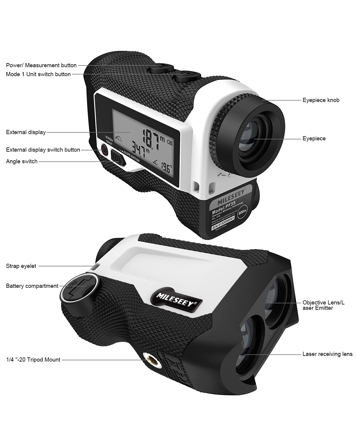 MiLESEEY PF3S Telemetro Golf/Caccia Da 800M con Display LCD Telemetri da Golf, con Interruttore di Inclinazione, Blocco Bandiera e Vibrazione, Precisione ± 0,5M, Montaggio su Treppiede