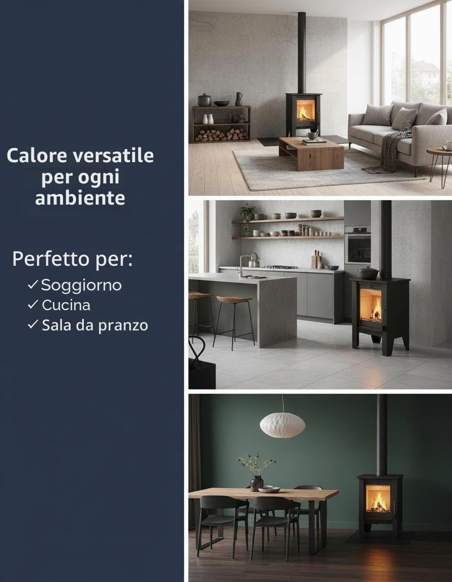 NEMAXX® H8 Stufa a Legna Ventilata Tipo Camino Nera 7,6 kW per 50–90 m² – Ventilatore Aria Calda Tangenziale 2 Livelli – Aria Primaria/Secondaria – Classe Energetica A 76% – Ø 150 mm