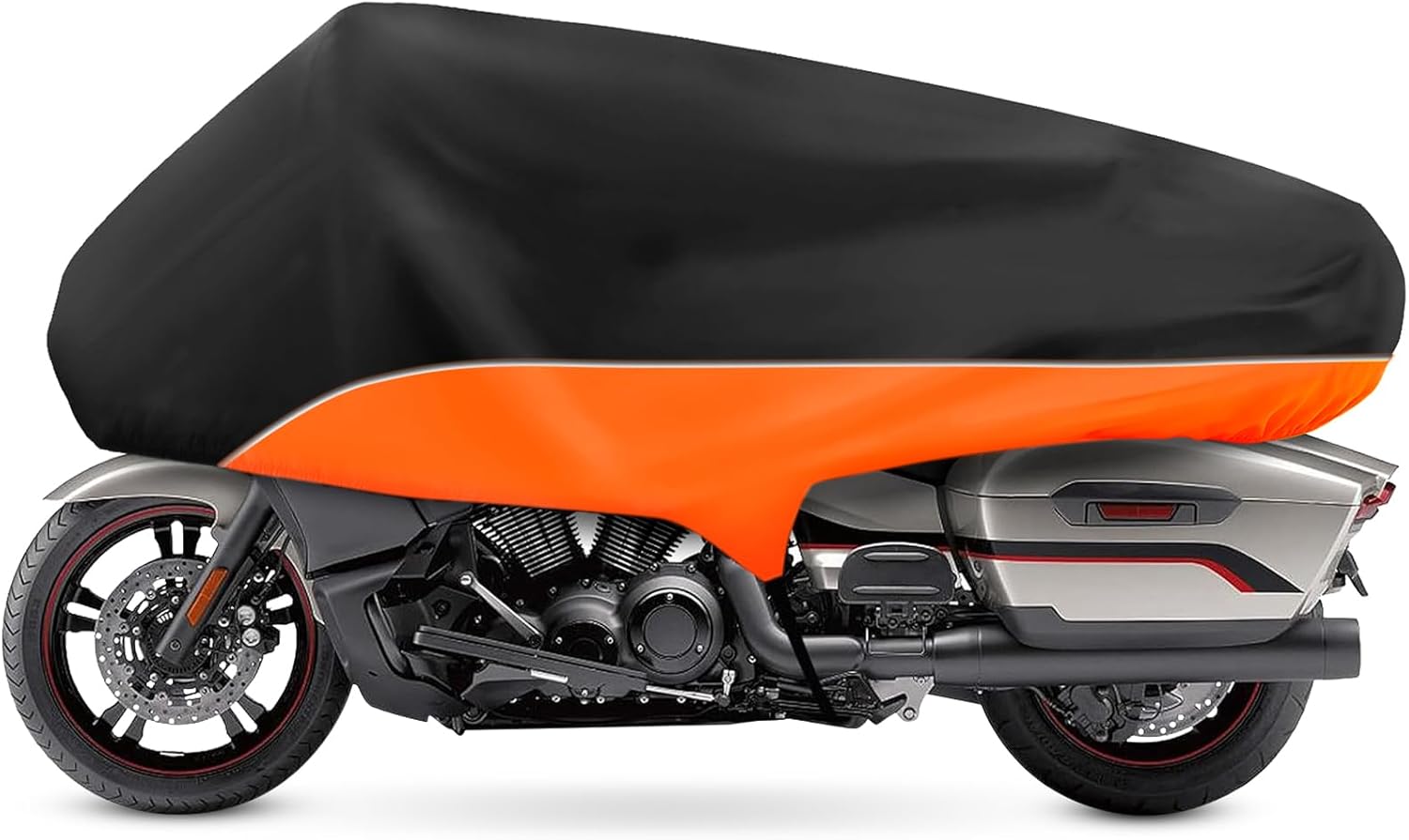 XYZCTEM Touring Motorcycle Half Cover, Outdoor Waterproof Protection from Dust Dirt Rain Sun Rays, for Touring Models Road King Street Glide Road Glide and More. Black&Orange