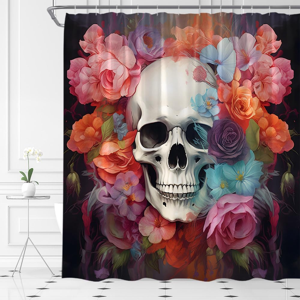 ABONAN Sugar Skull Shower Curtain Gothic Halloween Watercolor Vintage Floral Spooky Skeleton Skull Horror Fabric Bathroom Decor Set with Hooks(70"