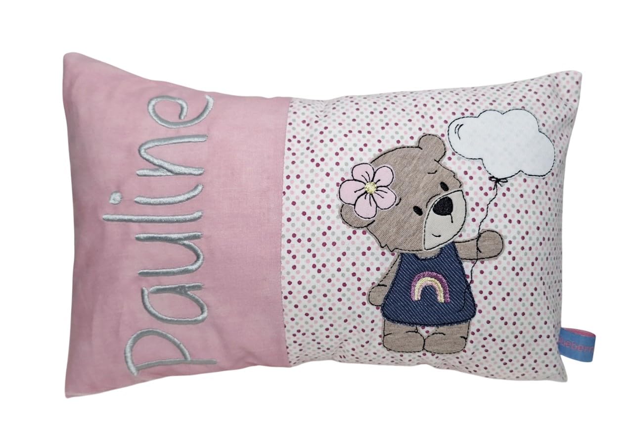 Personalisiertes Kissen zur Geburt und Taufe | Bestickt mit Namen und süßem Tiermotiv | Baumwolle (Wolkenbärchen, 30cm x 50cm)