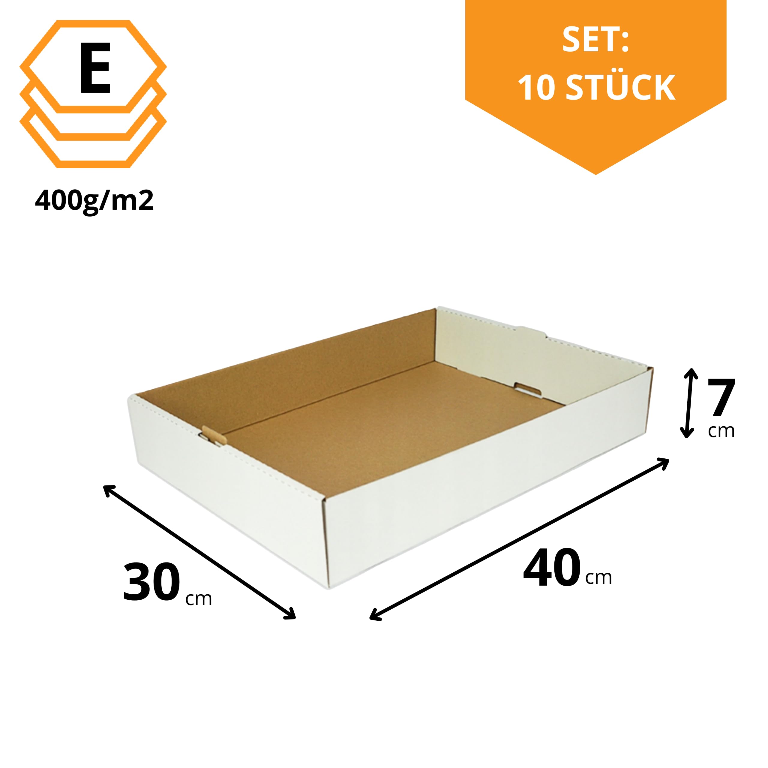 KAPAK 10er Kuchen Tray Weiß 40x30x7 cm - Offenes Präsentations-Tray aus Wellpappe - Rechteckige Gebäckschale - Donut & Blechkuchen Papp-Tray