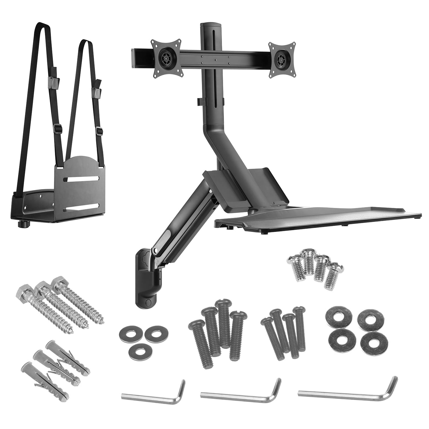 Maclean MC-633 3 in 1 Sit-stand Workstation: 2-way Monitor Bracket Wall Bracket with Keyboard Shelf and Computer Bracket Wall Bracket 17-32 "inch Gas Spring