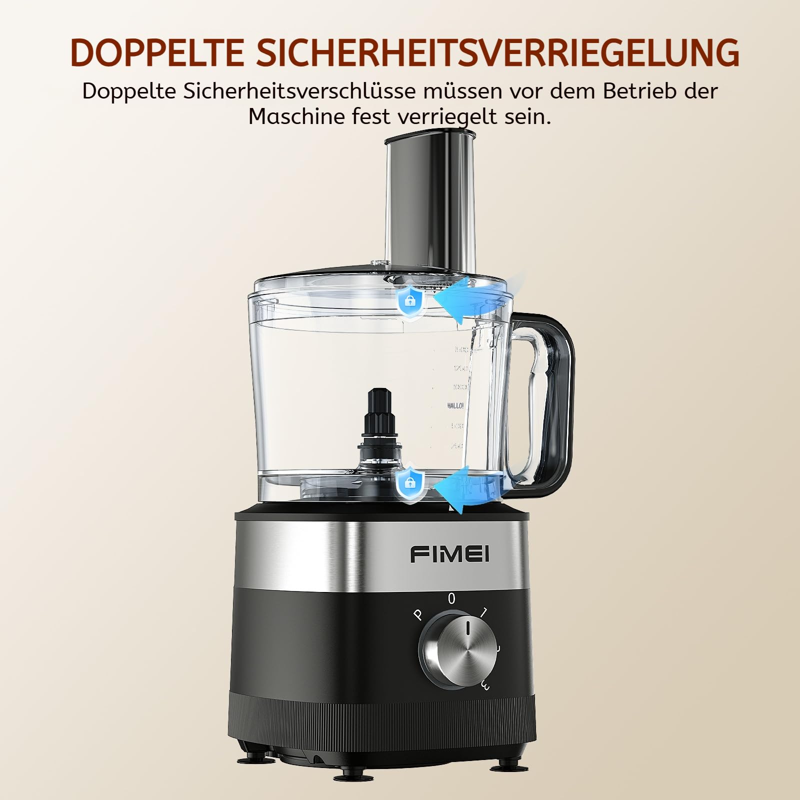 FIMEI Küchenmaschine 800W, 3 Geschwindigkeiten & Pulsfunktion, 1,5L Zerkleinerer, Teigkneter, Raspel, Wendeschneider, Emulgierscheibe, Doppelverriegelung, Kompakt & Platzsparend