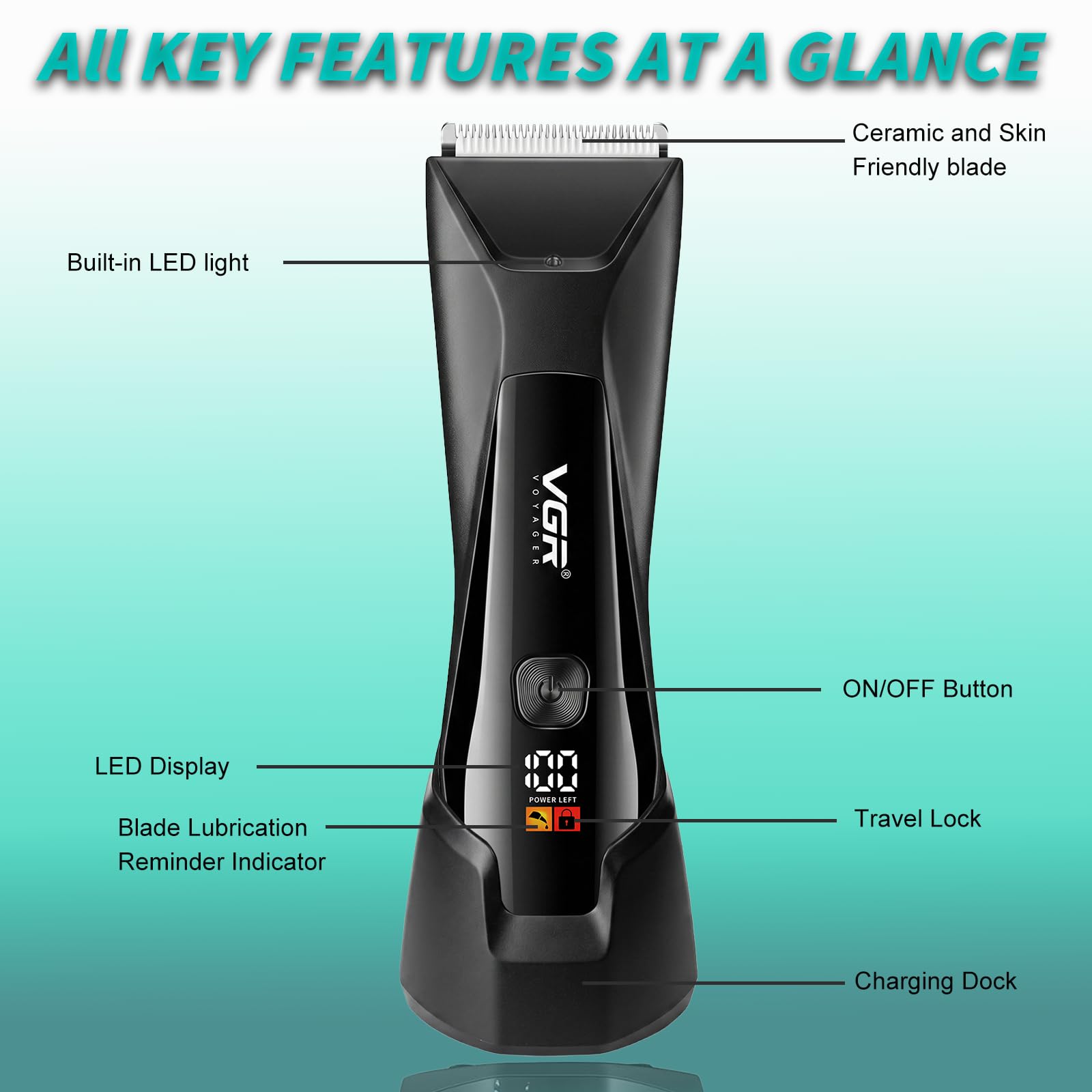 VGR 938 Rasoio Intimo e Rifinitore Corpo Uomo Senza Fili, Lame in Ceramica, Stazione di Ricarica, Display Digitale LED, Luce Integrata, Impermeabile IPX7, Rasoi Elettrici per Igiene Personale, Nero