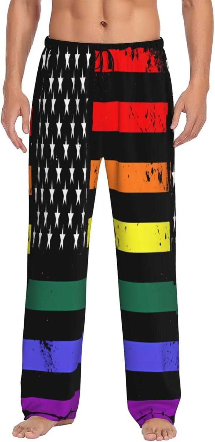 Rainbow Pride Gay LGBT American Flag Men's Pajama Pants Lounge Bottoms Lightweight Sleep Pant Soft PJ Bottoms Joggers Loungewear Sleepwear with Elastic Waistband Pockets for Gym 3X-Large