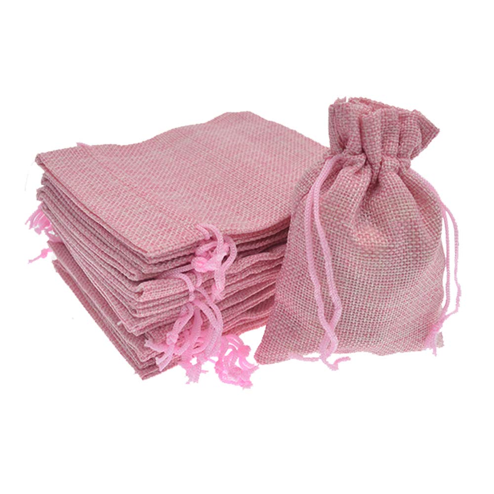 Bezall 50Pcs Burlap Bags with Drawstring, 3.9 x 5.5 inch Pink Linen Gift Bags Jewelry Pouches Sacks for Baby Shower, Wedding Favor, Party, DIY Crafts